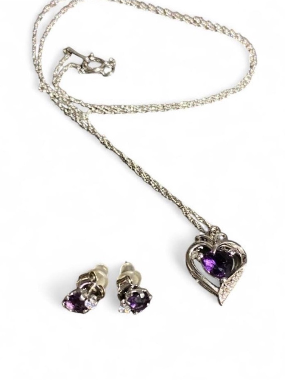 Sterling Silver Heart Pendant Necklace & Stud Earrings Set with Purple Gemstone